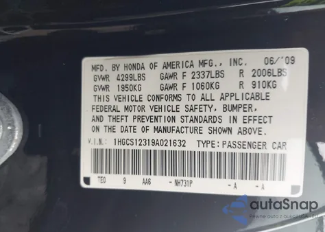 2009 Honda Accord 2.4 Lx-S from USA, damaged, VIN 1HGCS12319A021632